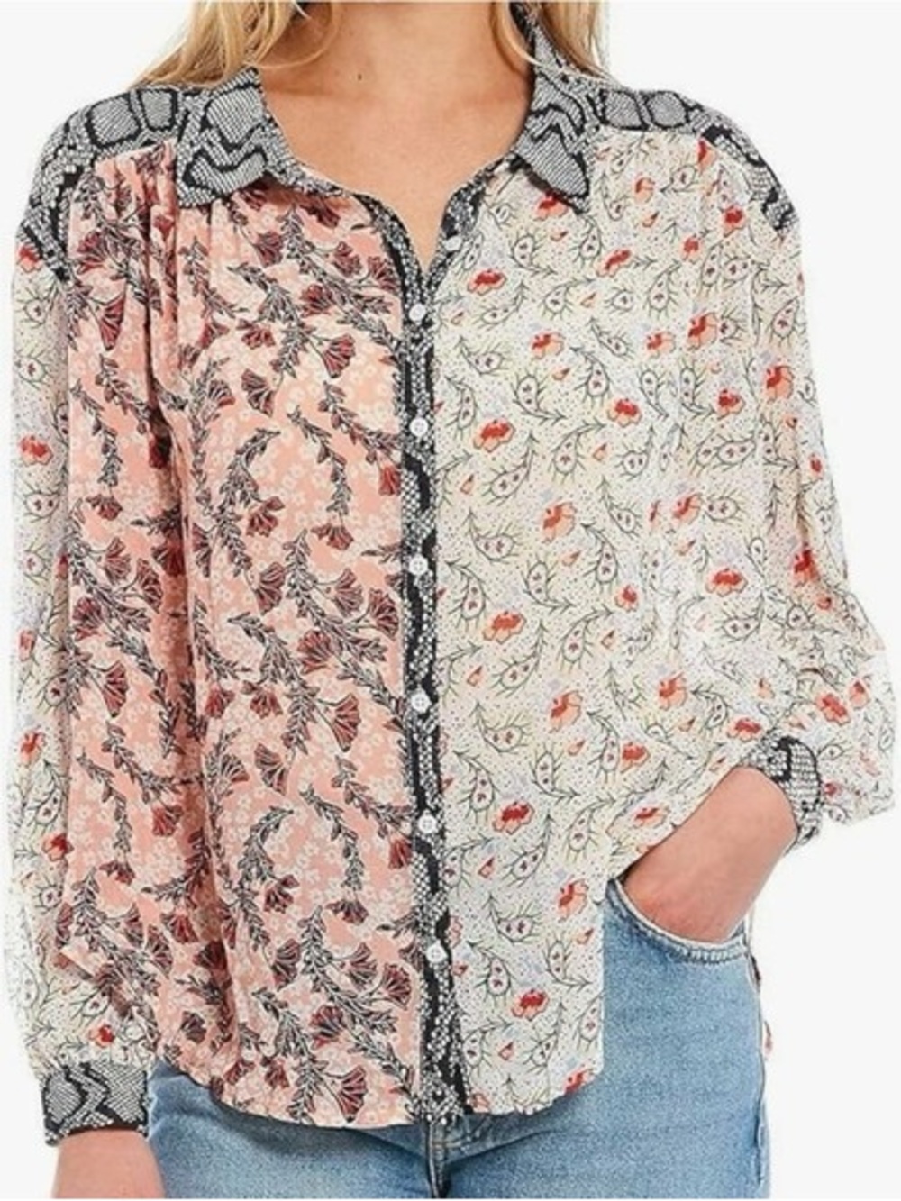 Free People Patchwork Floral Button-Down in Peach & Cream with Snake-Print Trim